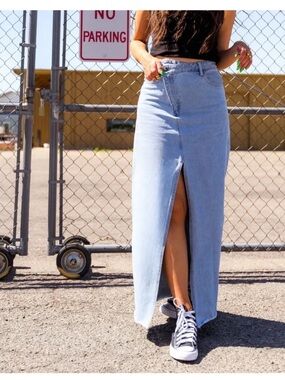 LALA Don’t Kill My Vibe Criss Cross Denim Maxi Skirt Size XS